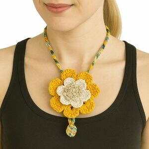 Hand Crafted Floral Necklace Yellow & Cream Burlap Handmade Flower Multicolor